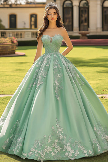 Sage Green Ball Gown Long Strapless Princess Quinceanera Dress with Appliques